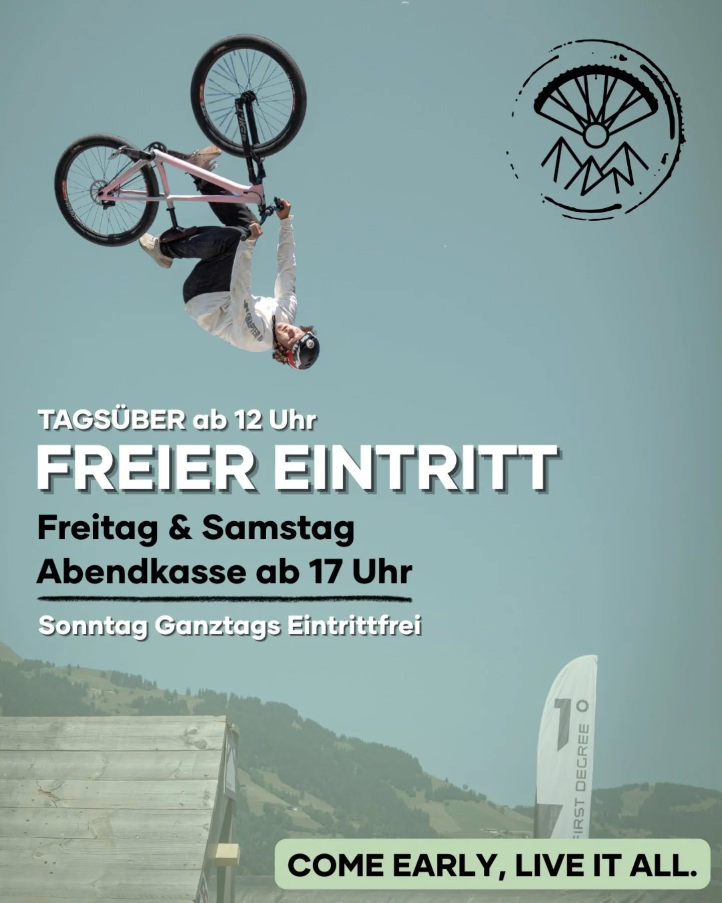 🎉 Bike &amp; Fly Sport &amp; Musik Festival Brixental 🎶🚴&zwj;♂️

Freier Eintritt bis 17:00 Uhr! 🙌
Ja, richtig gelesen &ndash; bis 17:00 Uhr kommt ihr gratis aufs Festivalgel&auml;nde!

Wo gibt es das schon?
Ein ganzes Festival mit spektakul&auml;
