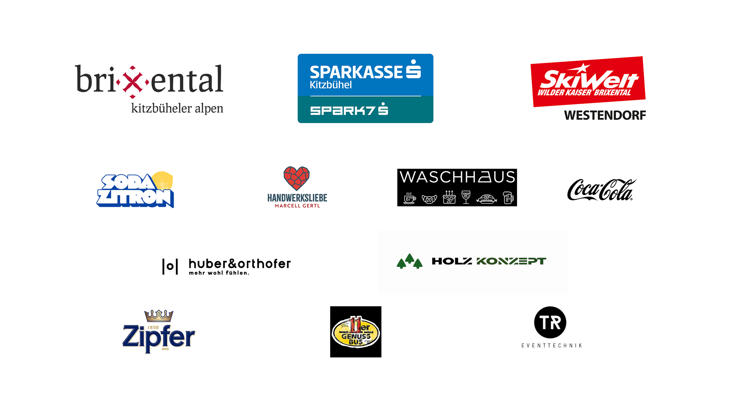 Sammlung verschiedener Logos von Unternehmen und Organisationen, darunter Sparkasse, SkiWelt, Coca-Cola, Zipfer, Huber & Orthofer, Holz Konzept, Waschhaus, Soda Zitron, Handwerksliebe, Genuß Bus, Eventtechnik, und weitere.