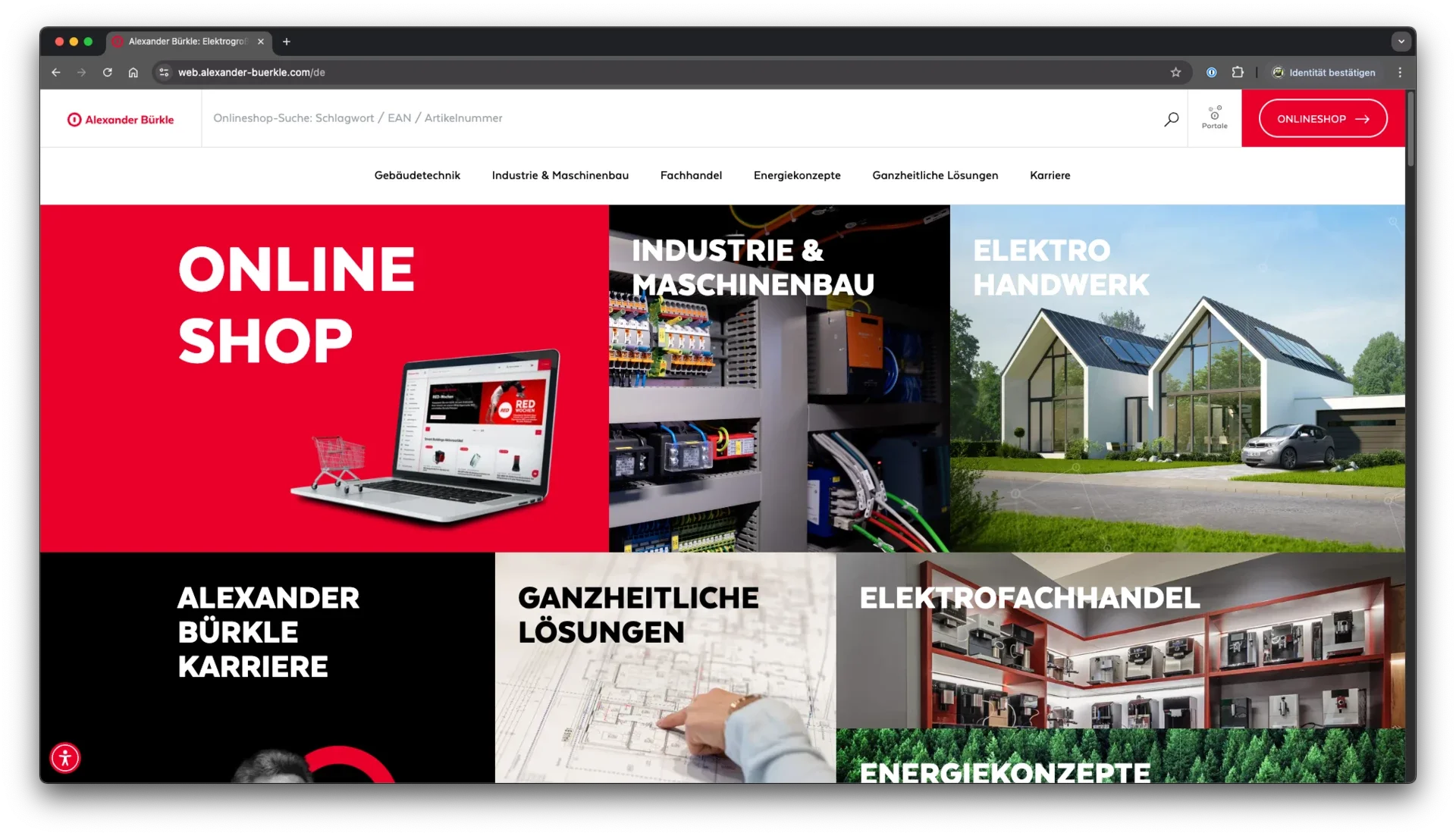 Screenshot einer Webseite eines Elektronik- und Handwerksgeschäfts mit Kategorien wie Online-Shop, Industrie & Maschinenbau, Elektrohandwerk, Karrieren, ganzheitliche Lösungen, Elektrofachhandel, Energiekonzepte. Es enthält Menüleisten, ein Suchfeld, einen Button für den Onlineshop sowie Bilder von Häusern, Schaltanlagen und Produkten.