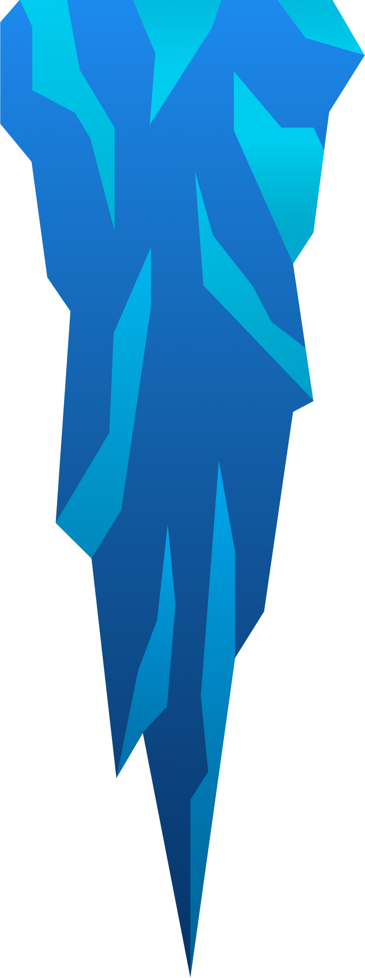 Ein abstraktes Design mit blauen, geometrischen Formen auf dunklem Hintergrund welche die im Wasser verborgene untere Hälfte eines Eisbergs darstellen.