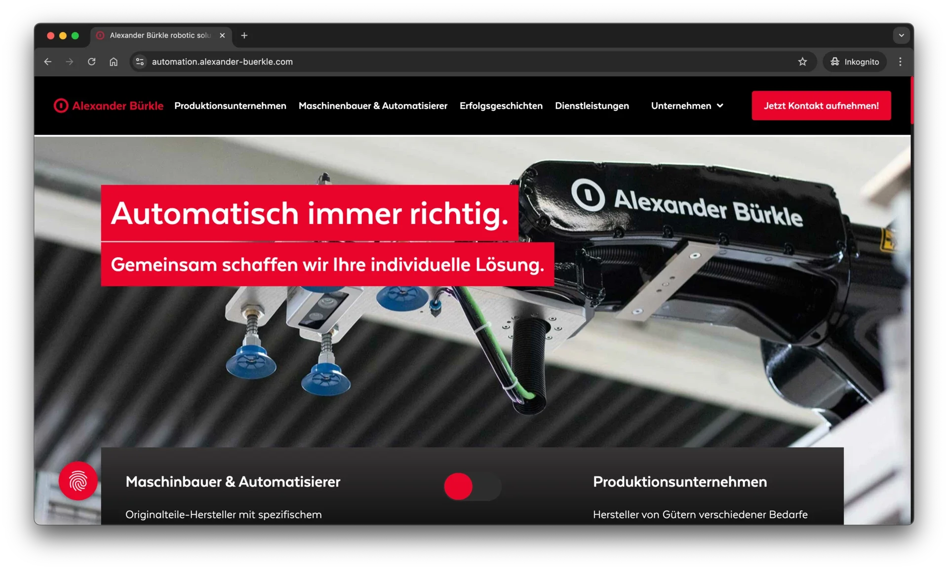 Webseite von Alexander Bürkle mit einem Roboterarm und Texten über automatische Lösungen und individuelle Anpassung.
