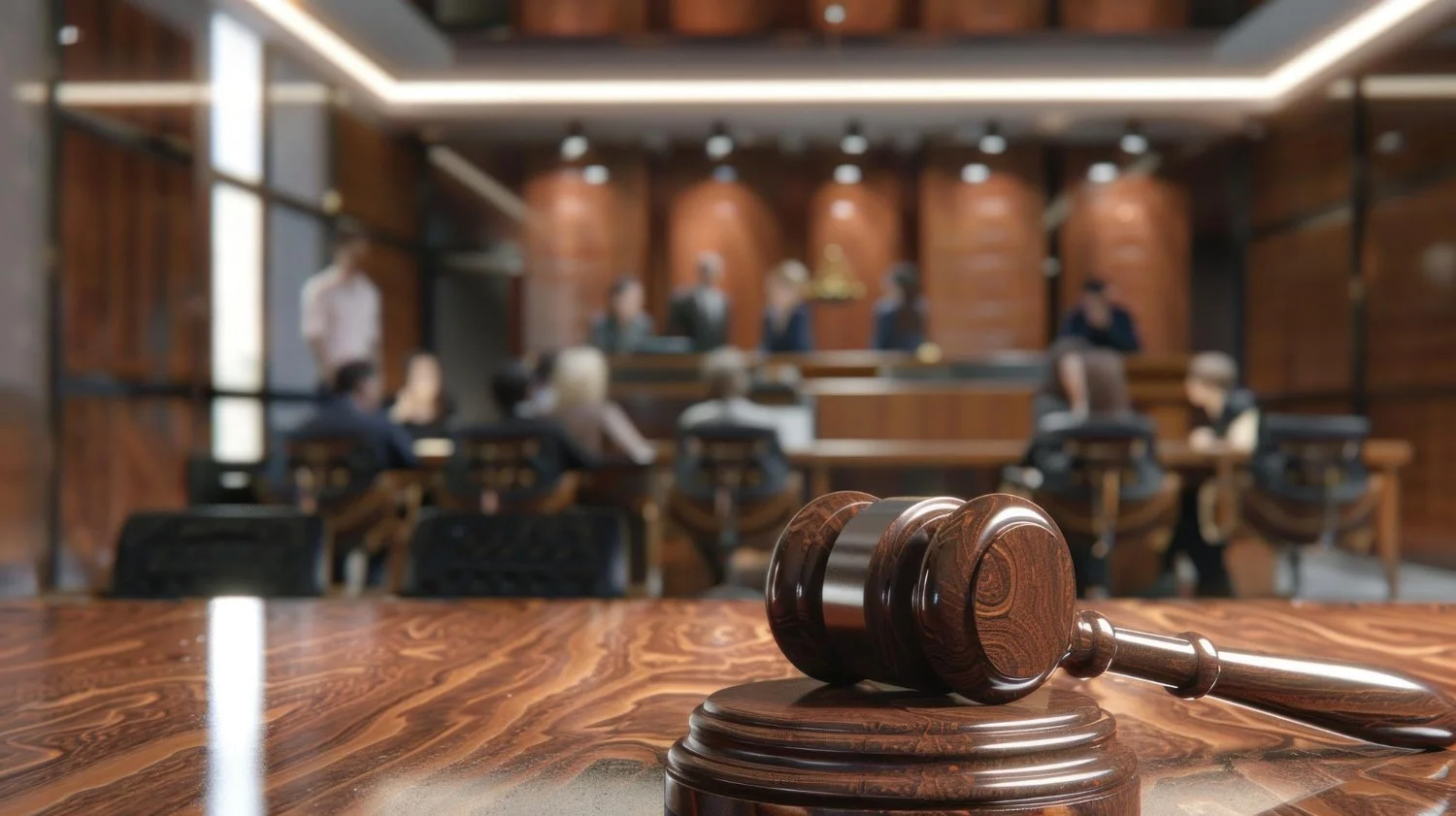 A judge's gavel resting on a wooden surface in a courtroom, with a blurred background of people and a judge's bench.