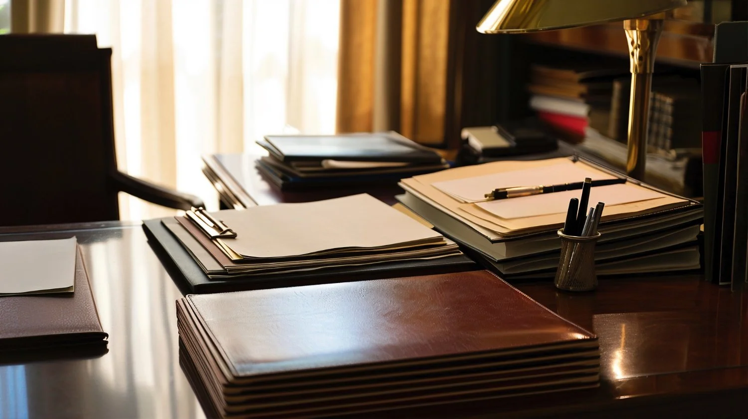 Desk with stacks of papers, folders, pens, and a desk lamp in a well-lit office.