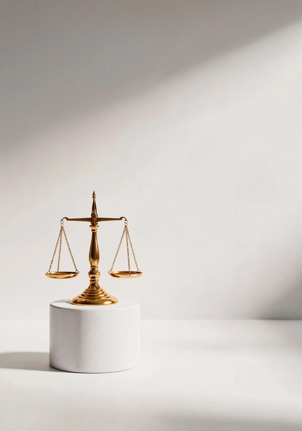 A small golden balance scale on a white cylindrical pedestal against a neutral background.