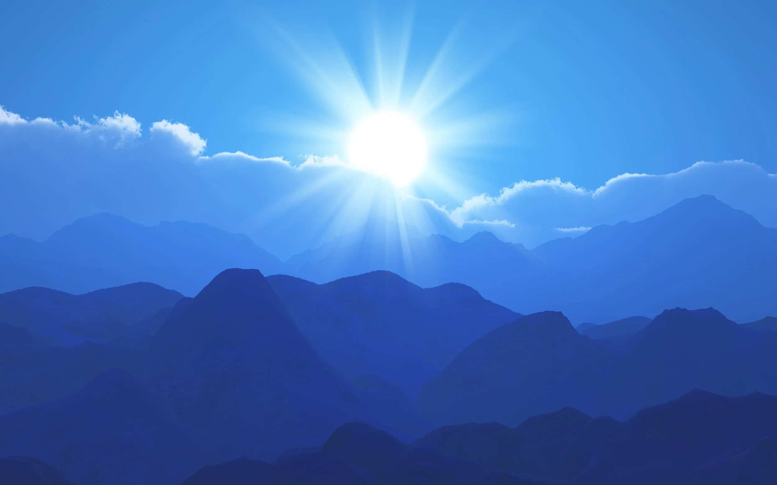 Een serene, heldere zon die boven gelaagde blauwe bergen uitkomt, wat een gevoel van diepe rust en focus uitstraalt.