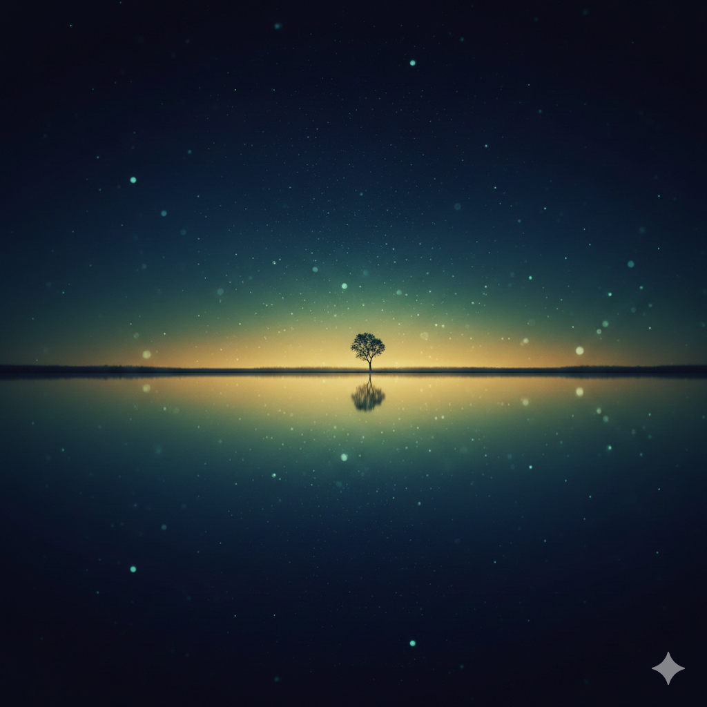 Een krachtige boom die perfect reflecteert in rimpelloos water onder een sterrenhemel, wat de diepe innerlijke kracht en persoonlijke ontwikkeling reflecteert.