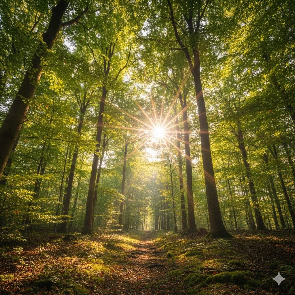 Een zonovergoten bospad dat leidt naar een helder lichtpunt, wat de weg naar innerlijke helderheid en nieuwe mogelijkheden door hypnose symboliseert.