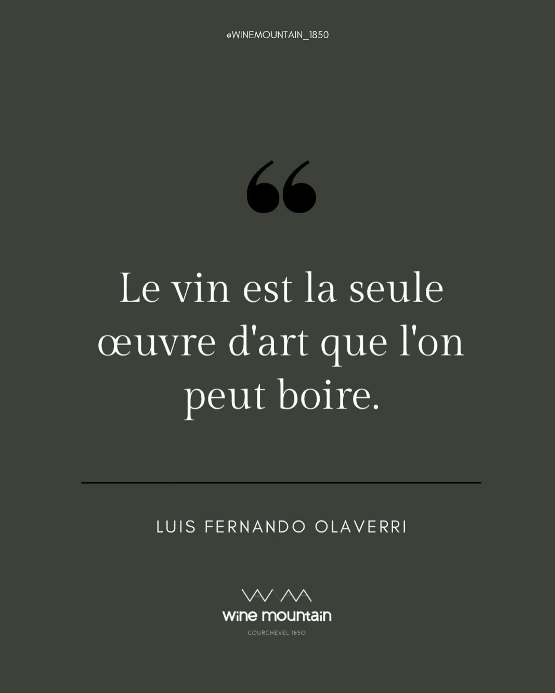 Citation sur fond gris foncé : "Le vin est la seule œuvre d'art que l'on peut boire." Par Luis Fernando Olaverri, avec le logo "Wine mountain" et le texte "Couchével 1850" en bas.