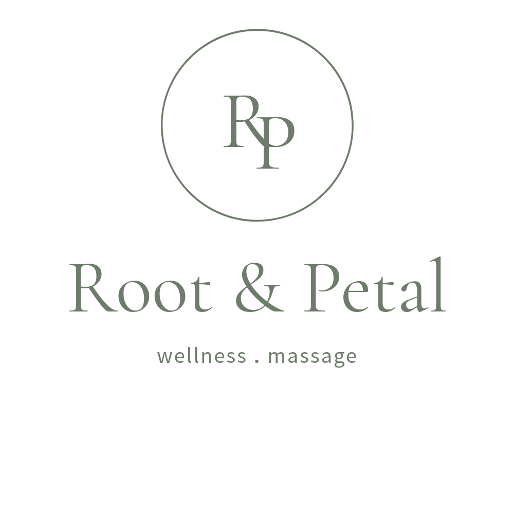Logo for Root & Petal wellness and massage, featuring a circular design with the initials Rp inside, and text below reading 'Root & Petal wellness . massage'.