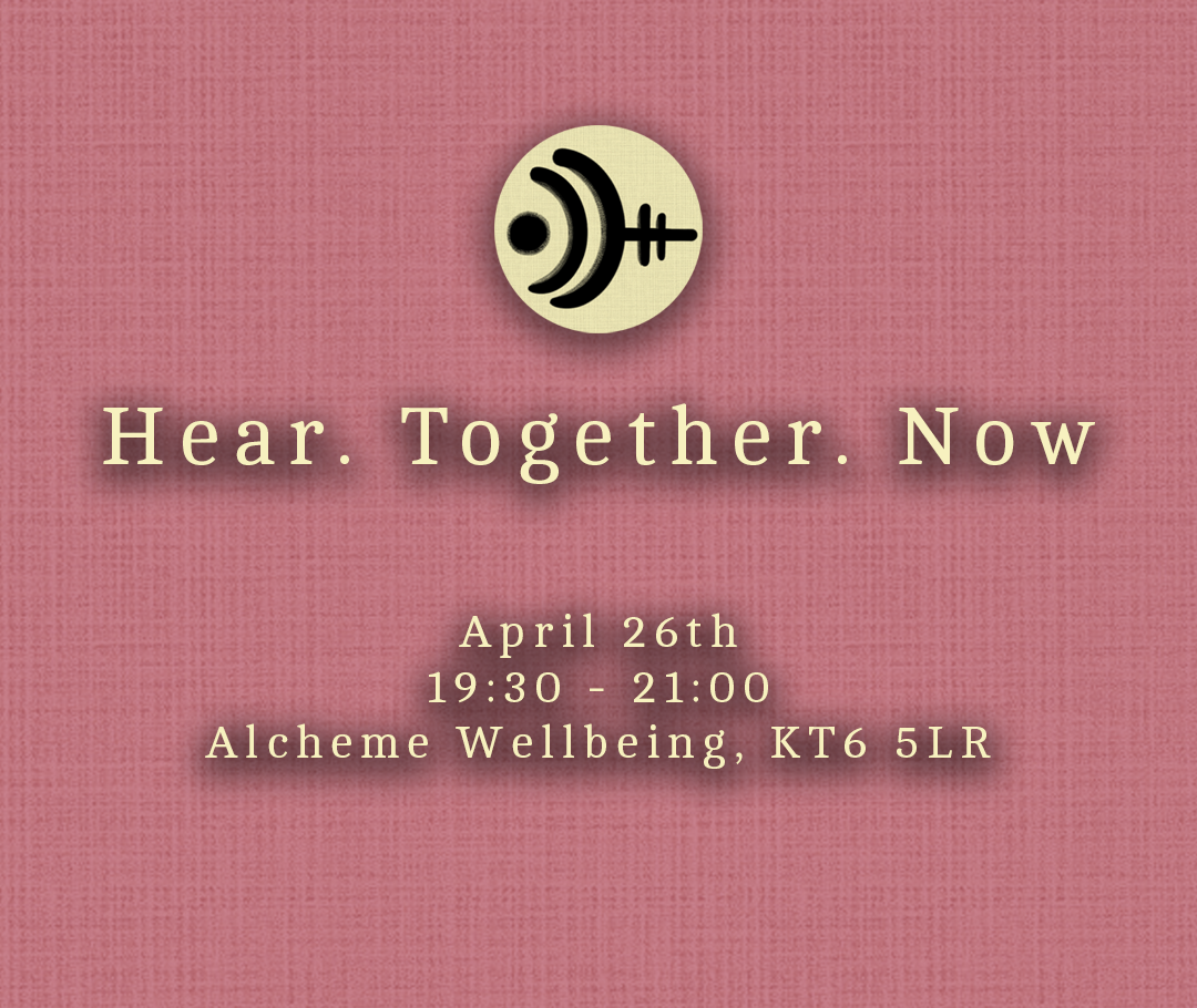 A promotional graphic with a stylized crescent moon and an ear inside it, glowing with swirling patterns. Text reads "Hear. Together. Now." and "Spring Equinox Special." The background is a pink-hued room with fitness equipment, suggesting a gym or wellness center.