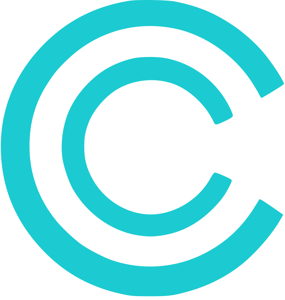 Large blue wireframe letter C with concentric semi-circles around it on white background