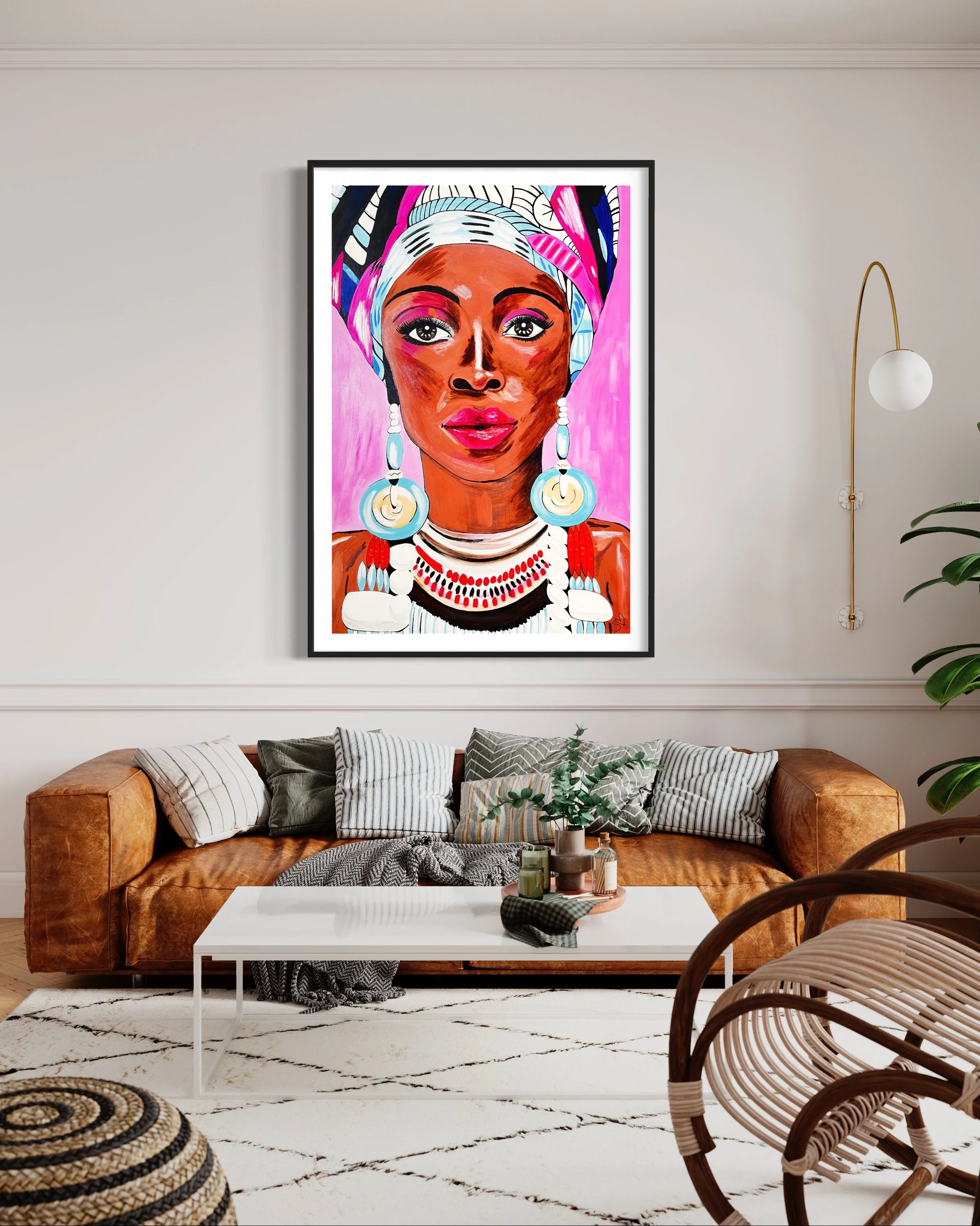 Acrylporträt einer afrikanischen Frau mit buntem Kopftuch auf Leinwand, Original aus dem Onirique Atelier Zürich, kaufen