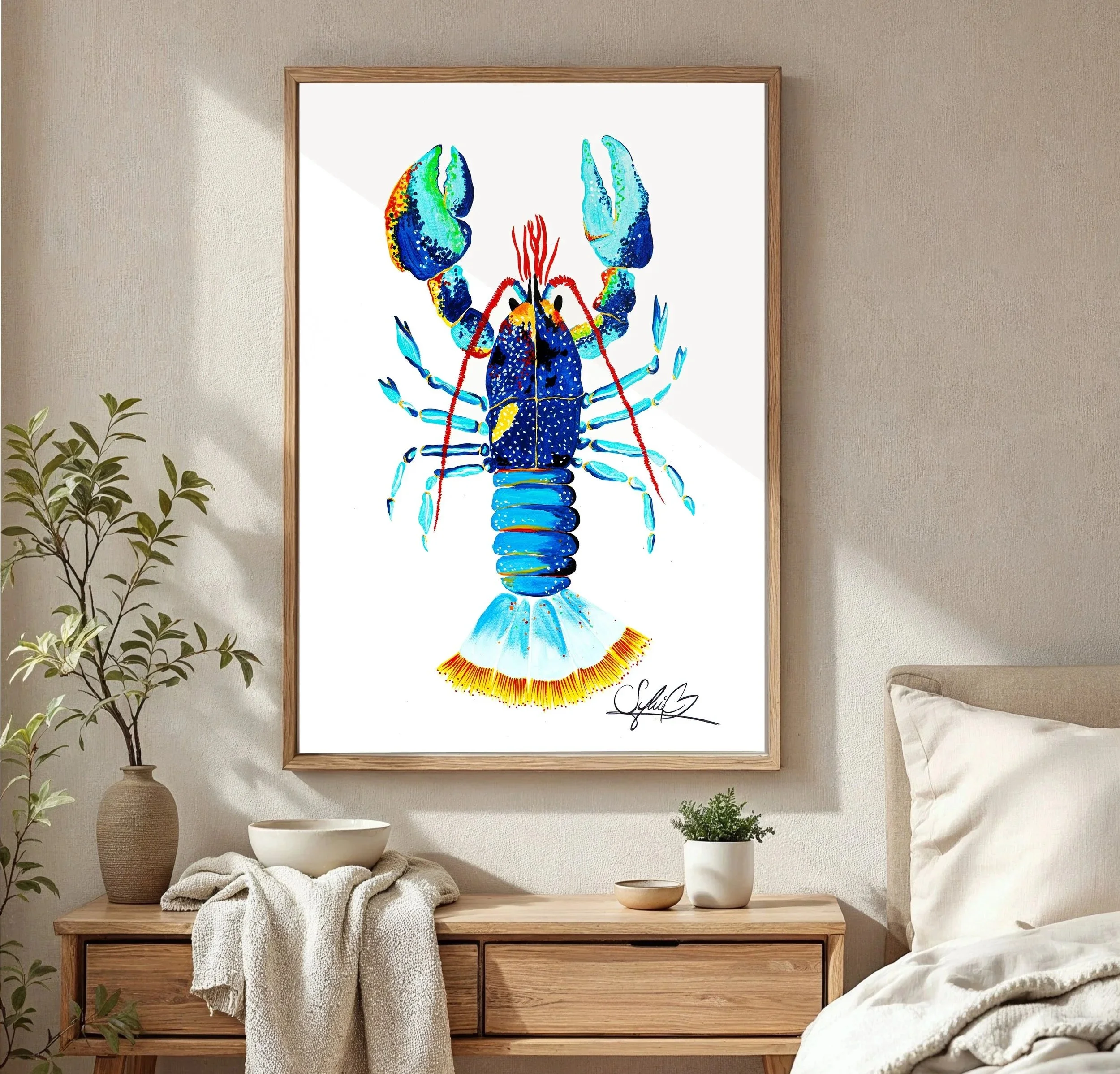 Leinwandzeichnung: Bunt aquarelliertes Gemälde einer Hummer im Rahmen hängt an einer Wand.