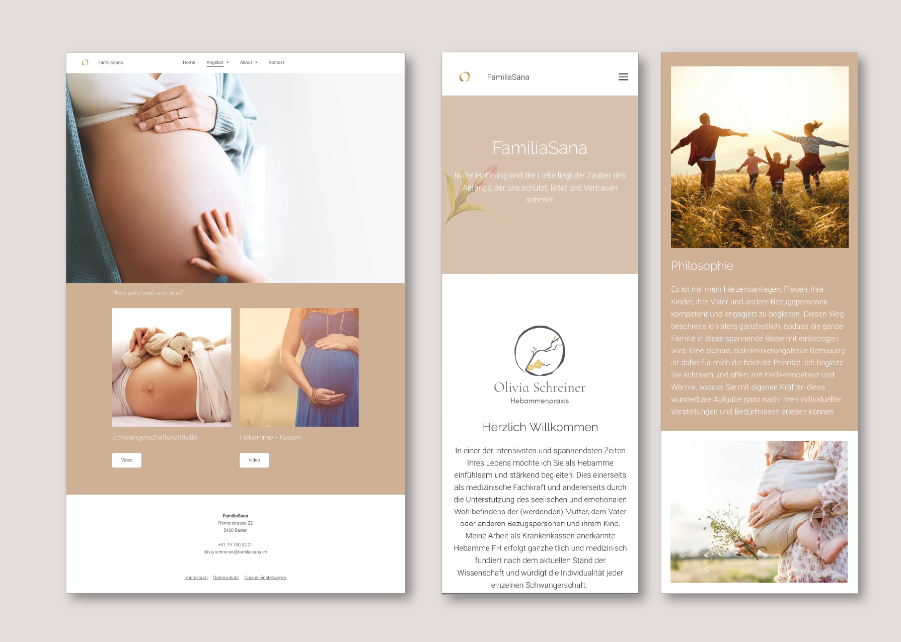 Drei Webseiten-Screenshots für eine Hebammenpraxis mit Bildern von Schwangerschaft und Familie, einem Logo mit Zweig und Blume, sowie Texten über Schwangerschaft, Geburtshilfe und Betreuung.