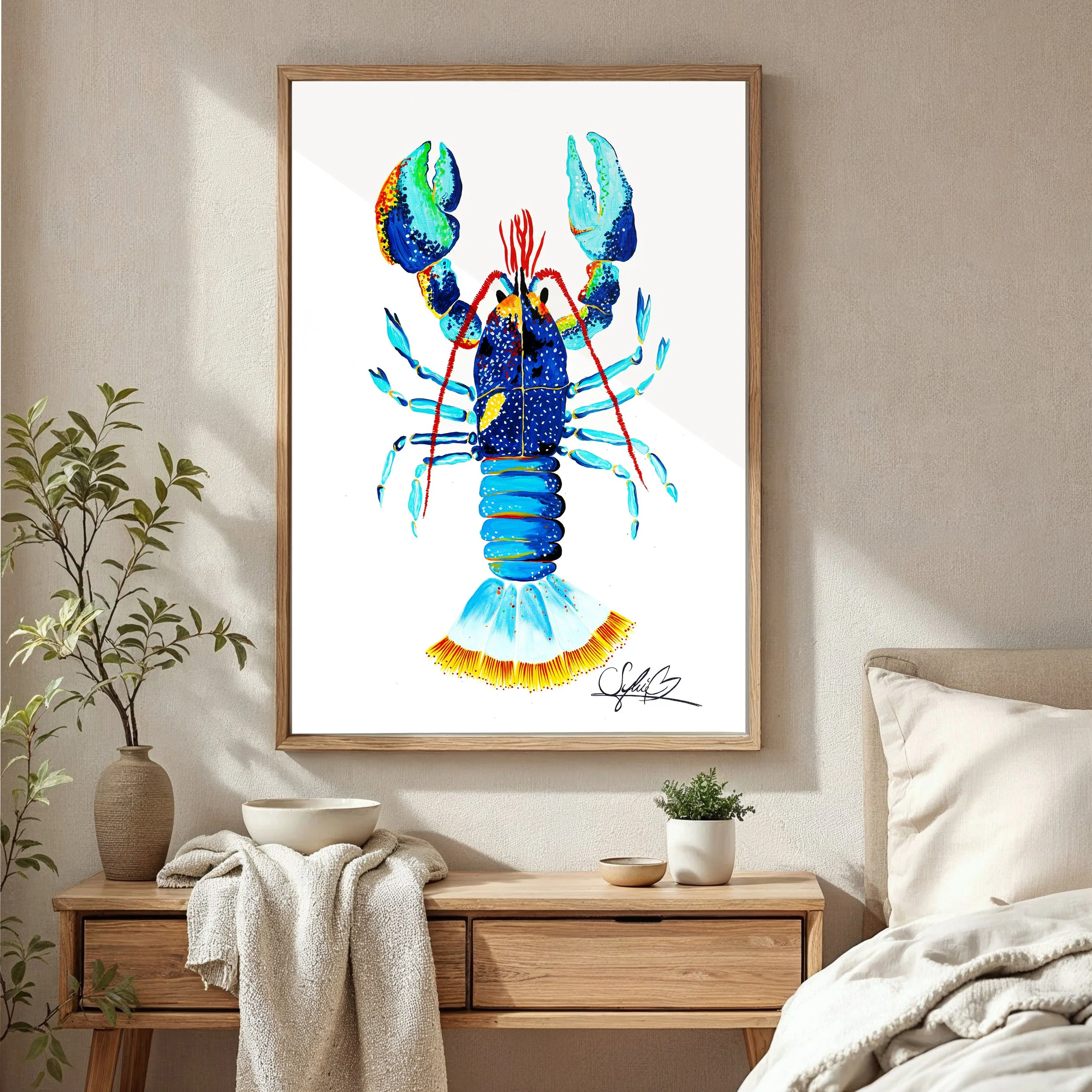 Handgemaltes Aquarell eines Hummers, Original aus dem Onirique Atelier Zürich. Zum Verkauf.