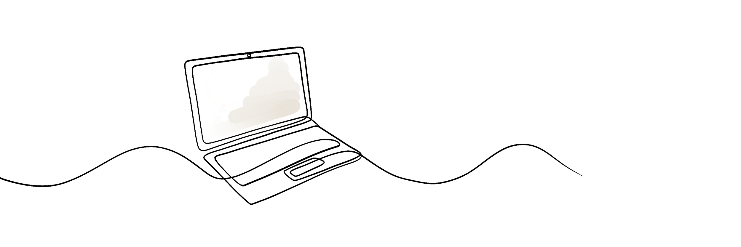 Linierte Zeichnung eines offenen Laptops mit Wellenlinie, die sich um das Gerät windet.