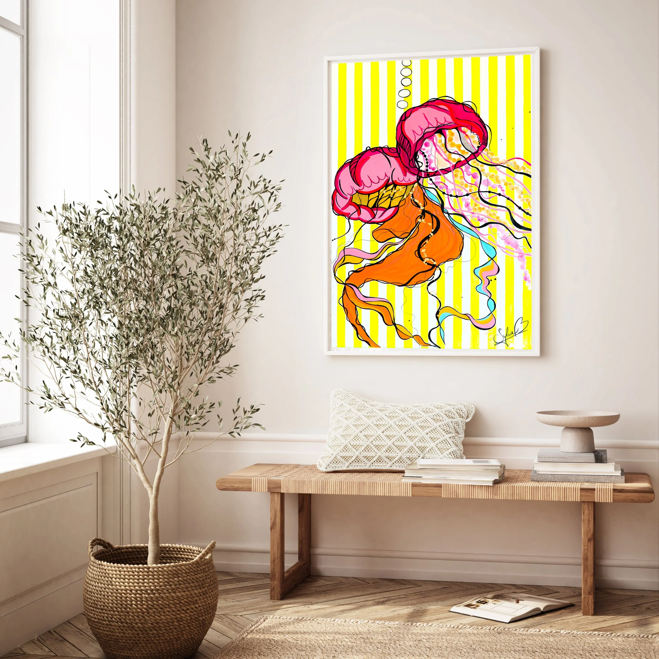 Handgemaltes Aquarell von zwei Quallen, Original aus dem Onirique Atelier Zürich, kaufen