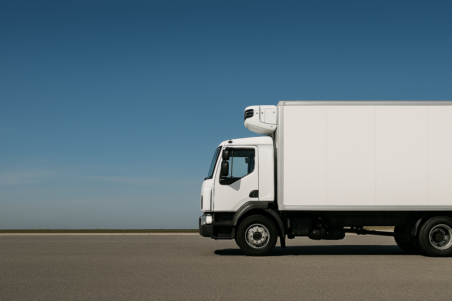 A white delivery truck parked on an empty road under a clear blue sky.