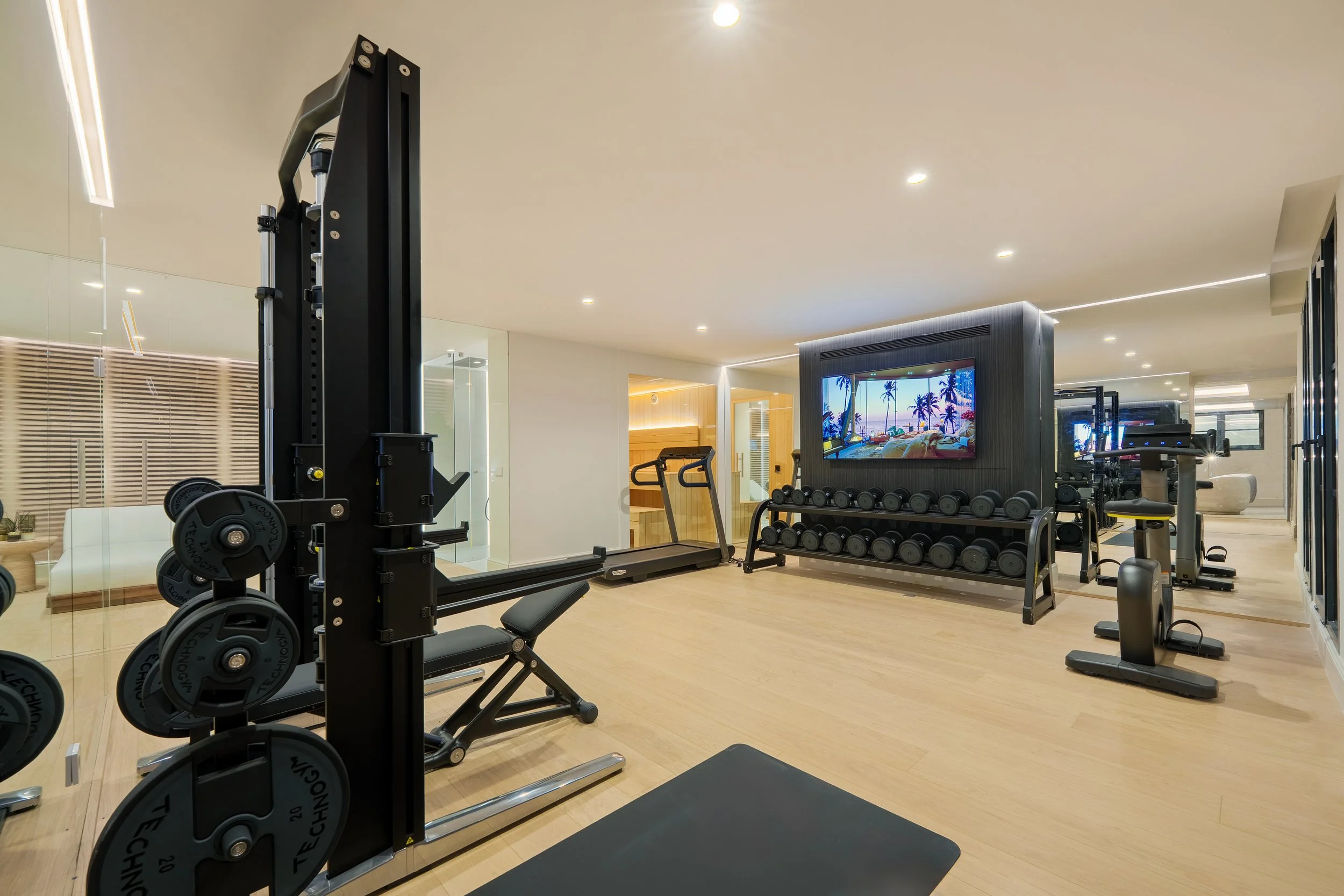 Private Gym: A fully equipped home fitness center with professional-grade machines and custom lighting.