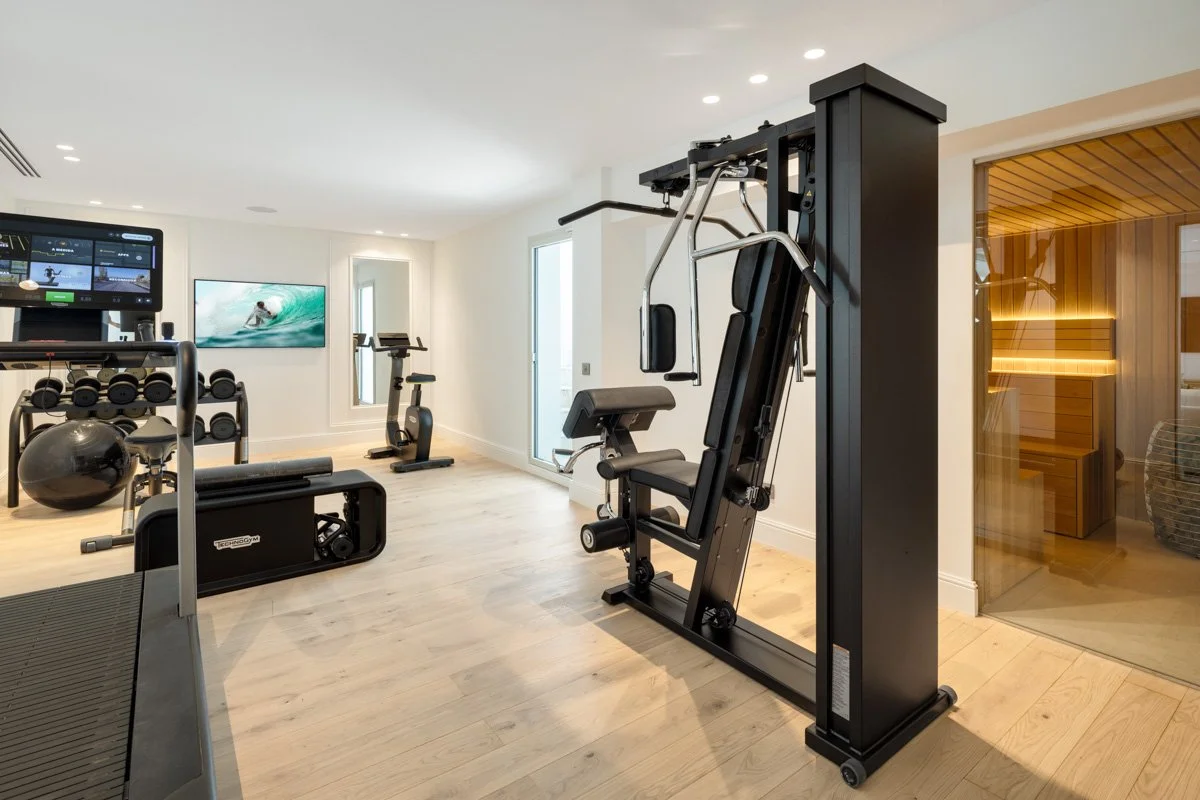 Professional-grade home gym equipped with modern weight machines and cardio equipment