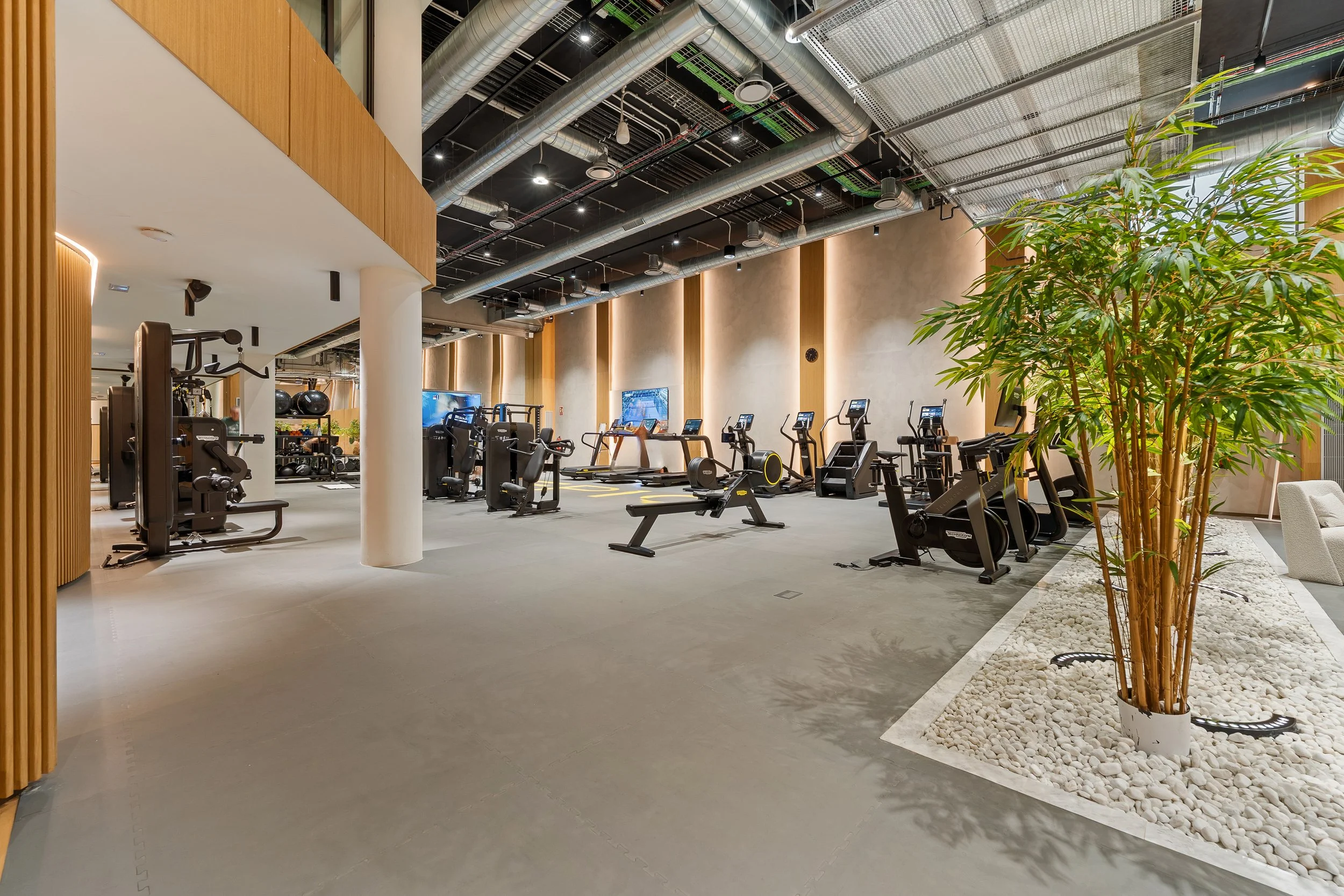 High-end community fitness center with professional boxing and cardio equipment.