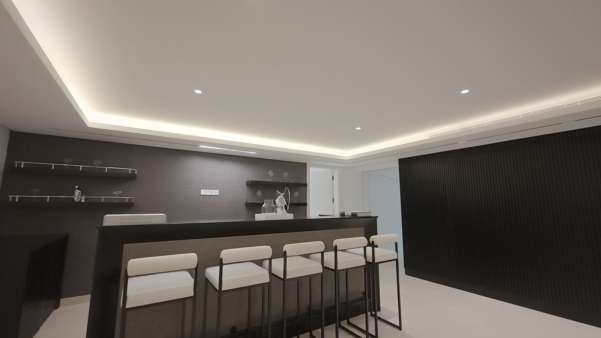 Bespoke Bar &amp; Entertainment Lounge: A look at the lower-level entertainment zone, including a custom-built bar area and a unique, sculptural billiards table.