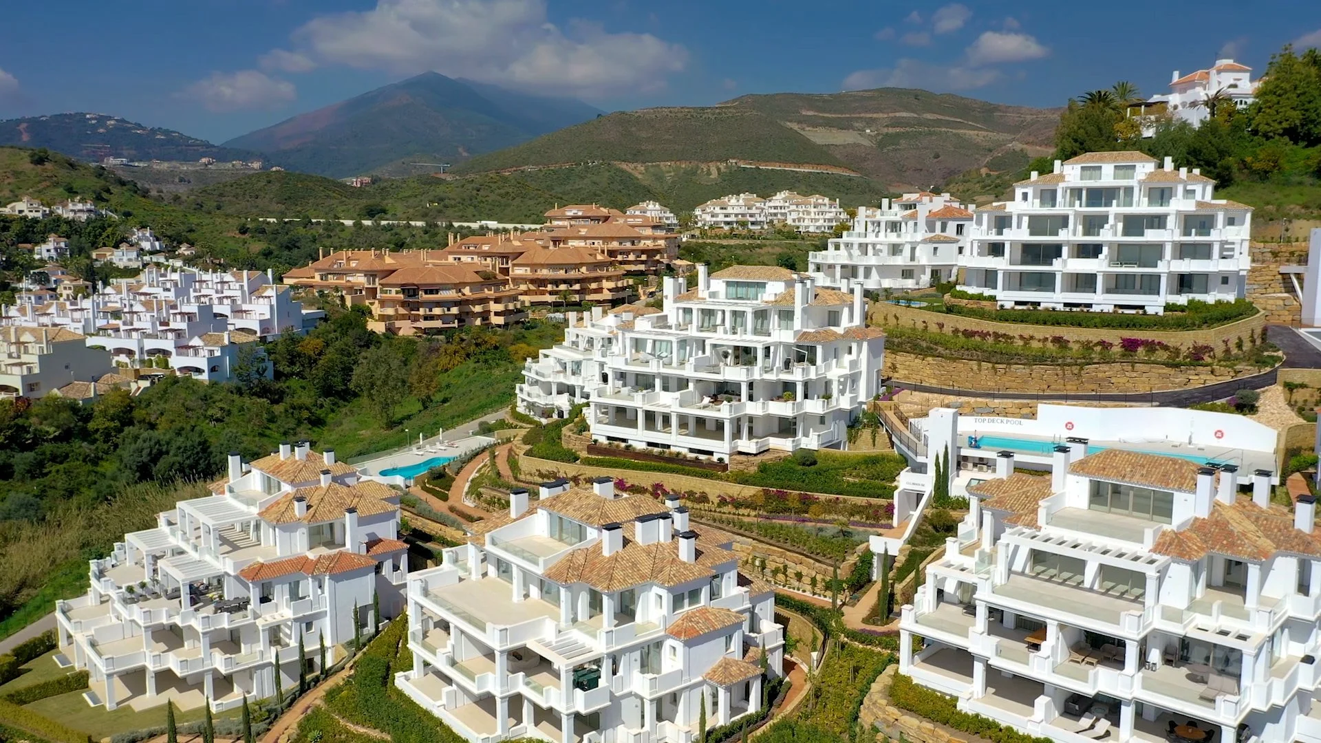 Aerial view of the prestigious gated urbanization in Nueva Andalucia.