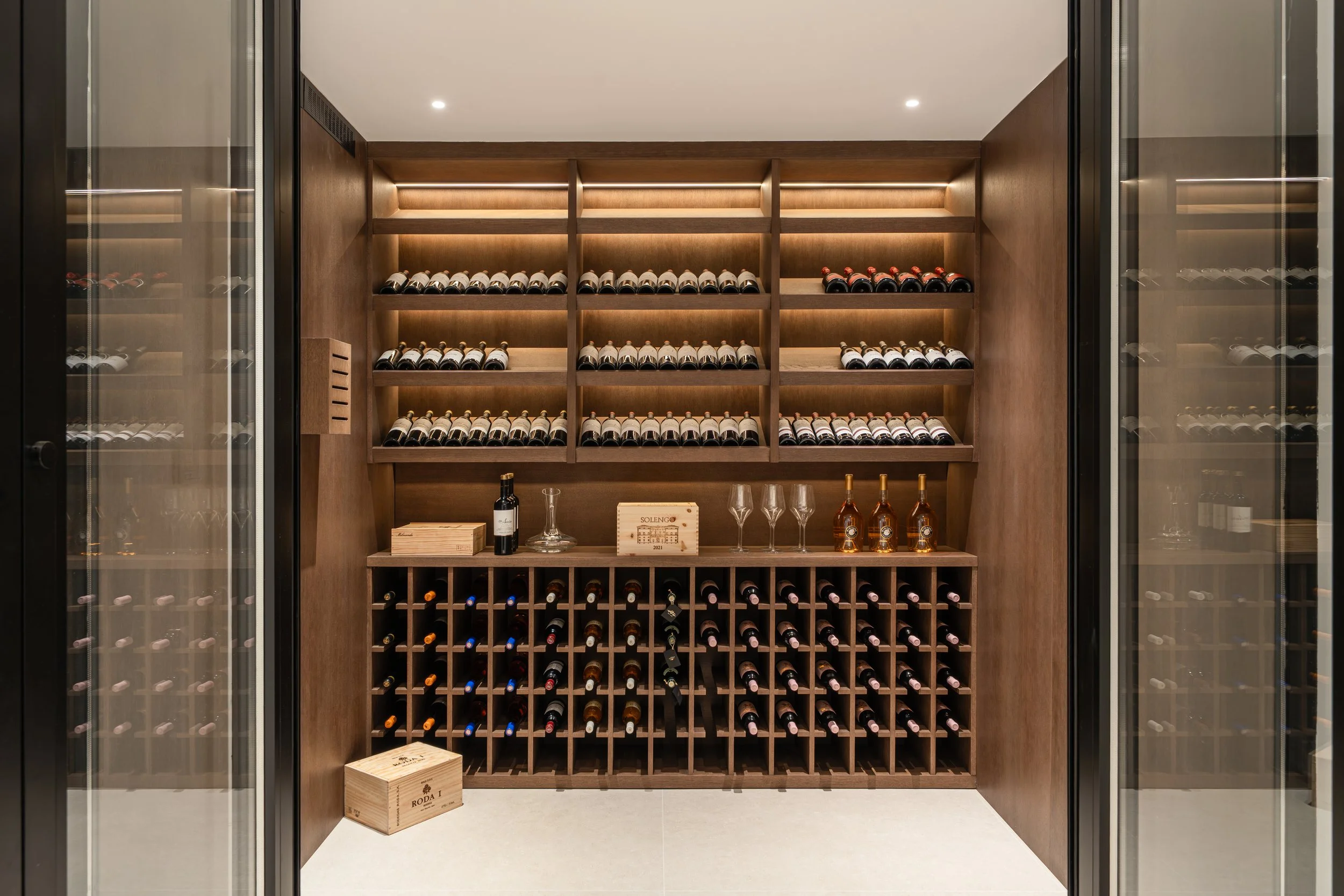 Custom Wine Cellar: The climate-controlled, timber-clad wine cellar located on the lower level of Meisho Hills CMH2497S.