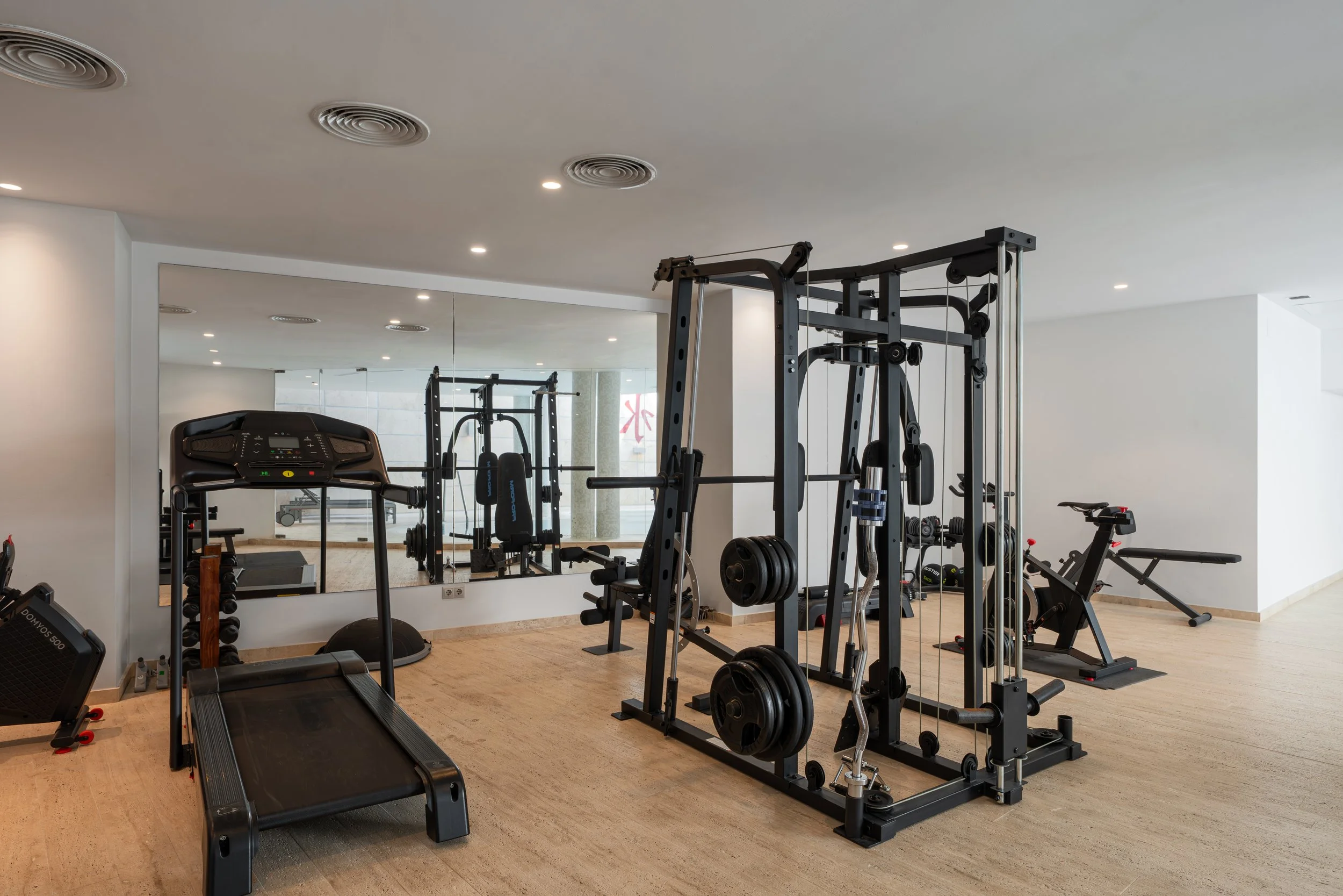 Fully equipped professional residents' gym at Meisho Hills, Marbella, offering a wide range of strength and cardio equipment in a bright, modern setting.
