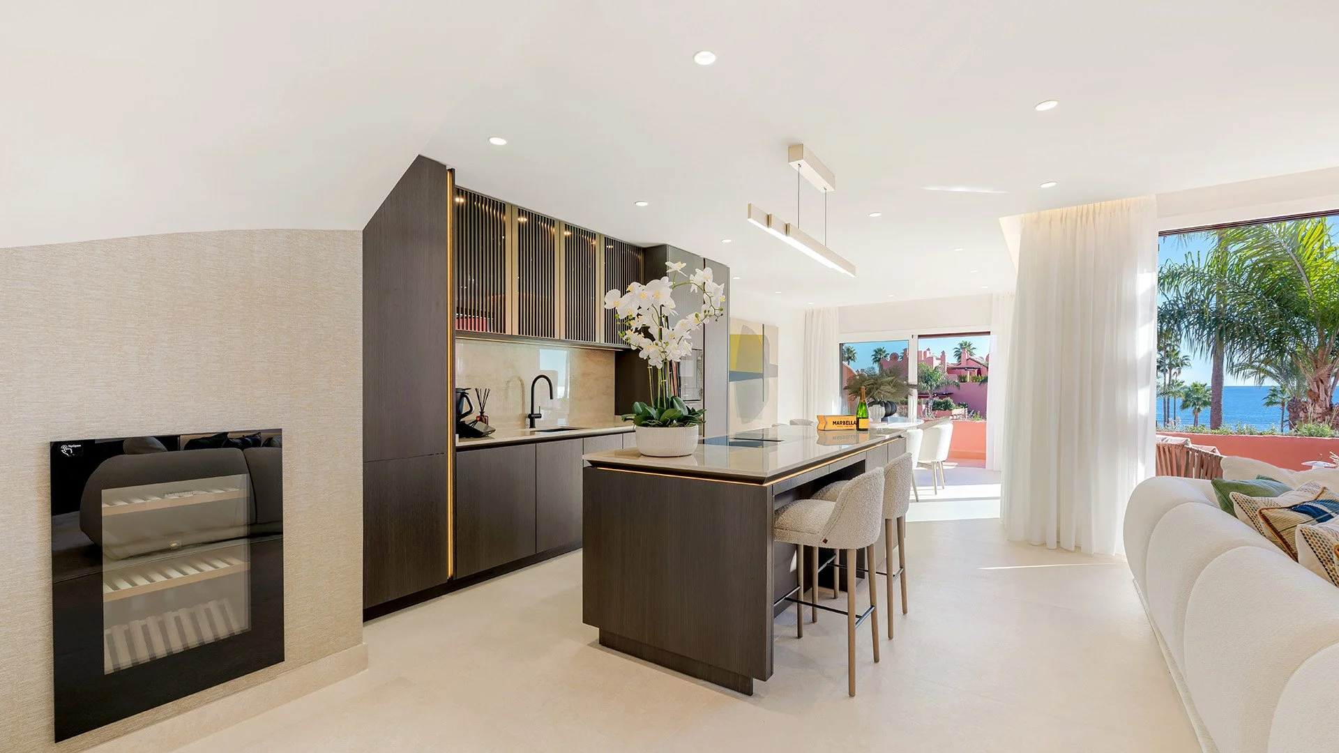 Gourmet Designer Kitchen: Fully upgraded with high-specification German appliances and custom-integrated cabinetry for a seamless culinary experience with views.
