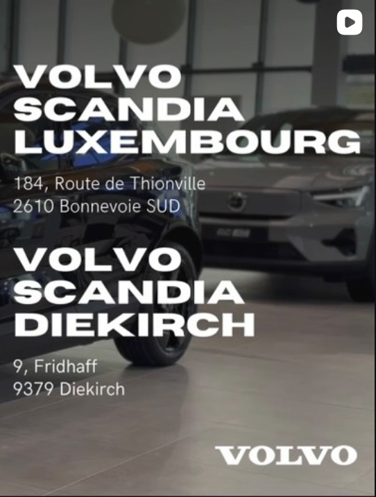 Text overlay on a car dealership background listing locations for Volvo Scandia Luxembourg and Volvo Scandia Diekirch in Luxembourg.