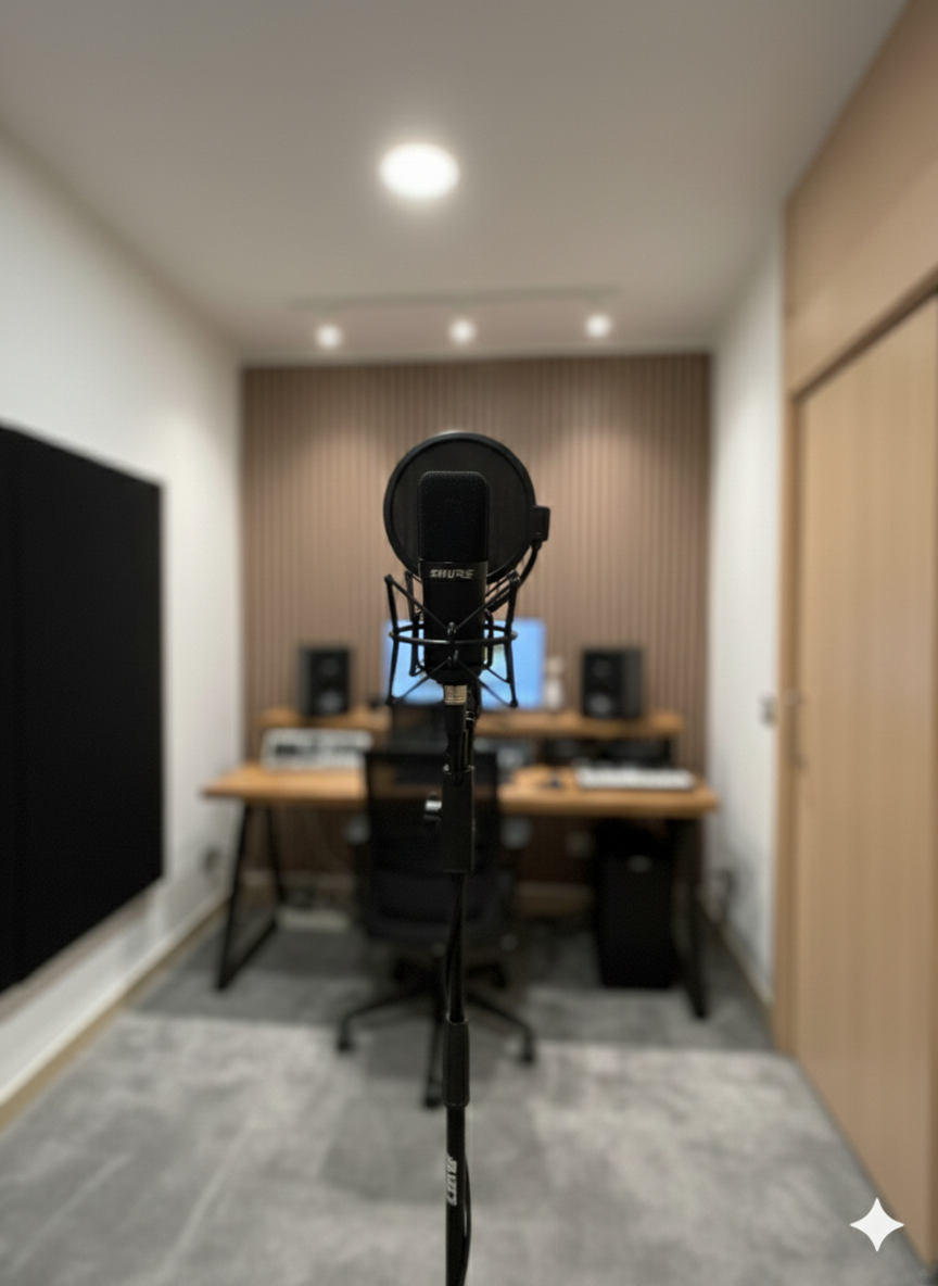 Estudio de grabación con micrófono y equipo de sonido en el fondo, en una sala con paredes con paneles acústicos y piso de baldosas.