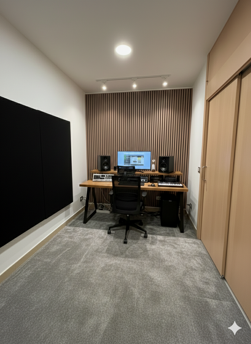 Estudio de grabación con escritorio, monitor, altavoces, teclado, y silla en una habitación con paredes de madera y acústicos.