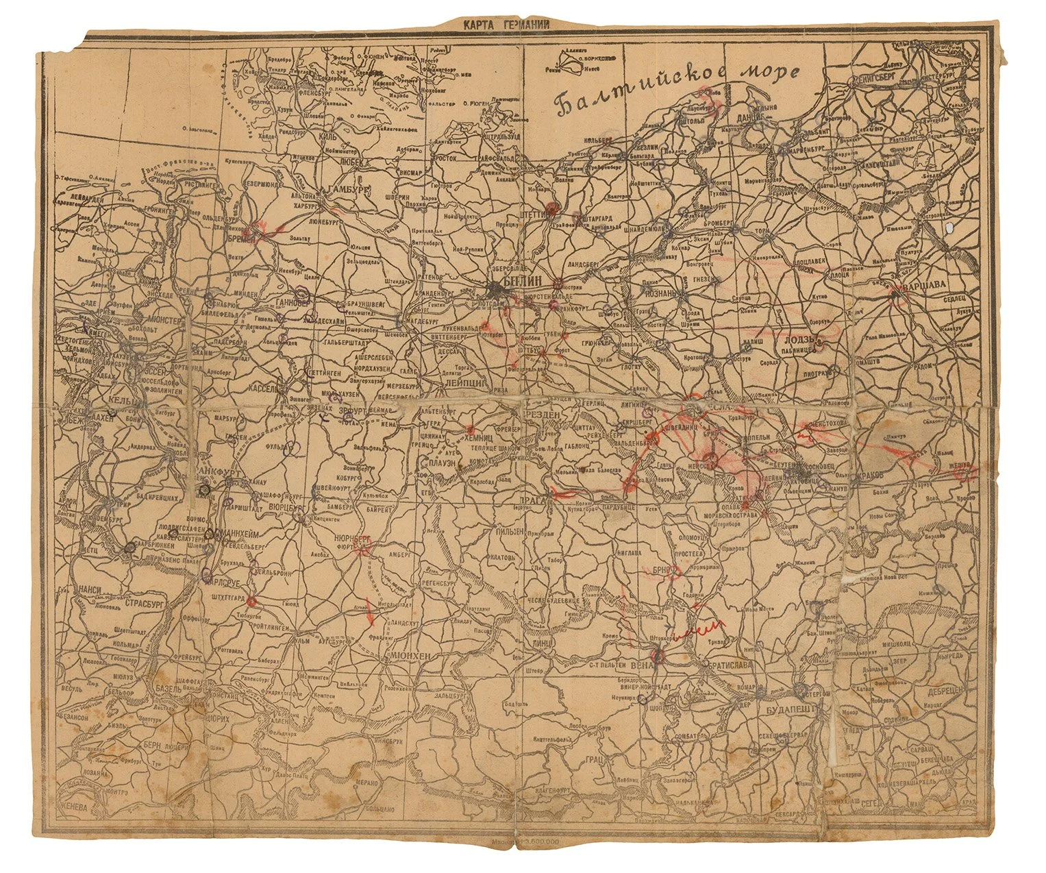 Unidentified Second World War Russian map of Germany and Central Europe