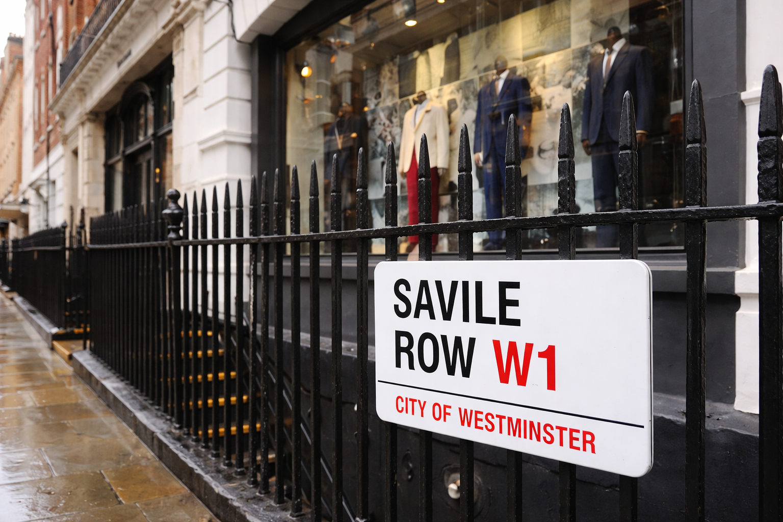 A mannequin dressed in a checkered suit with a white shirt and a black bow tie, with another suit in the background.