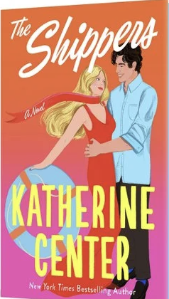 Book cover for 'The Shippers' by Katherine Center featuring a blonde woman in a red top and a man in a blue shirt holding hands against a pink background.