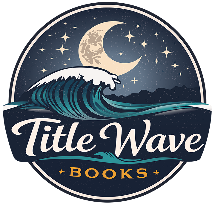 A logo for a book publishing brand called 'Title Wave Books' featuring a large ocean wave with a whale's head emerging, under a starry night sky with crescent moon and stars.