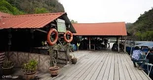 A lakeside dock with a covered seating area, life rings hanging on the structure, potted plants, and boats moored nearby.