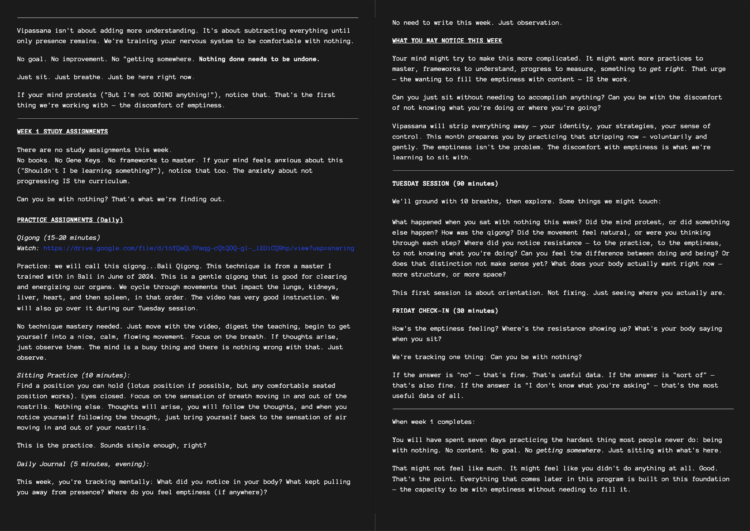 A two-page document with black background and white text. The content discusses mindfulness, mental training, and meditation practices, including study assignments, practice instructions, and a weekly reflection journal.