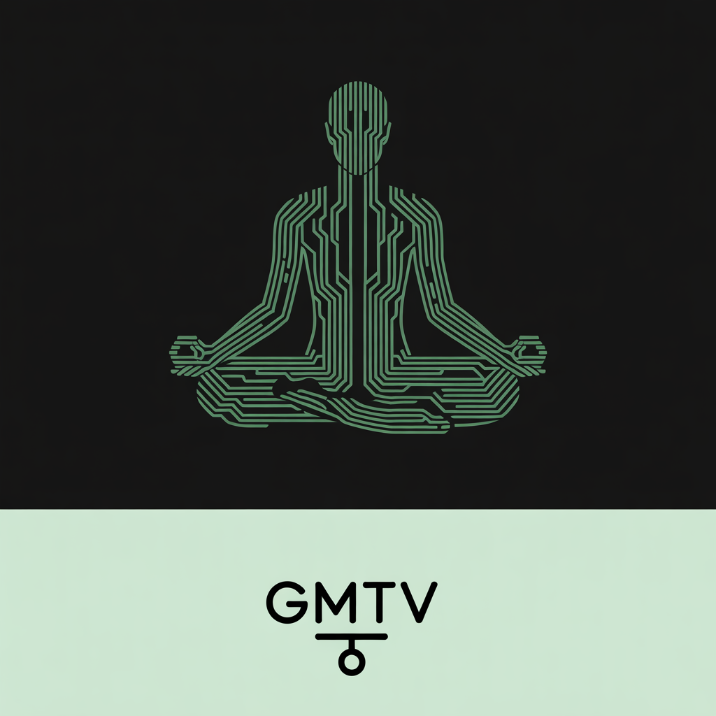 A digital illustration of a person in a meditative pose with circuit-like lines forming the body, and the text "GMTV" with an astrological symbol below it.