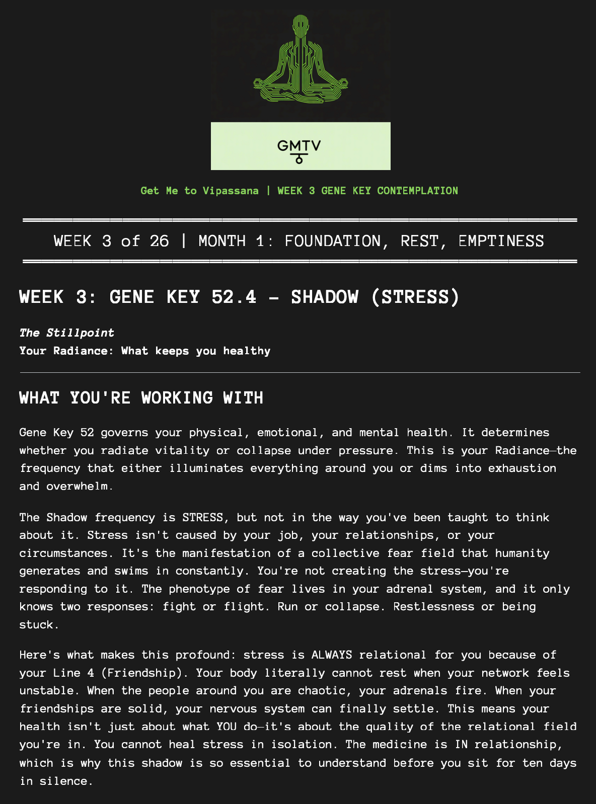 A digital infographic about gene key 52.4 focusing on stress, featuring a meditative person icon at the top, with sections explaining stress as a response related to relationships and the importance of relational health.