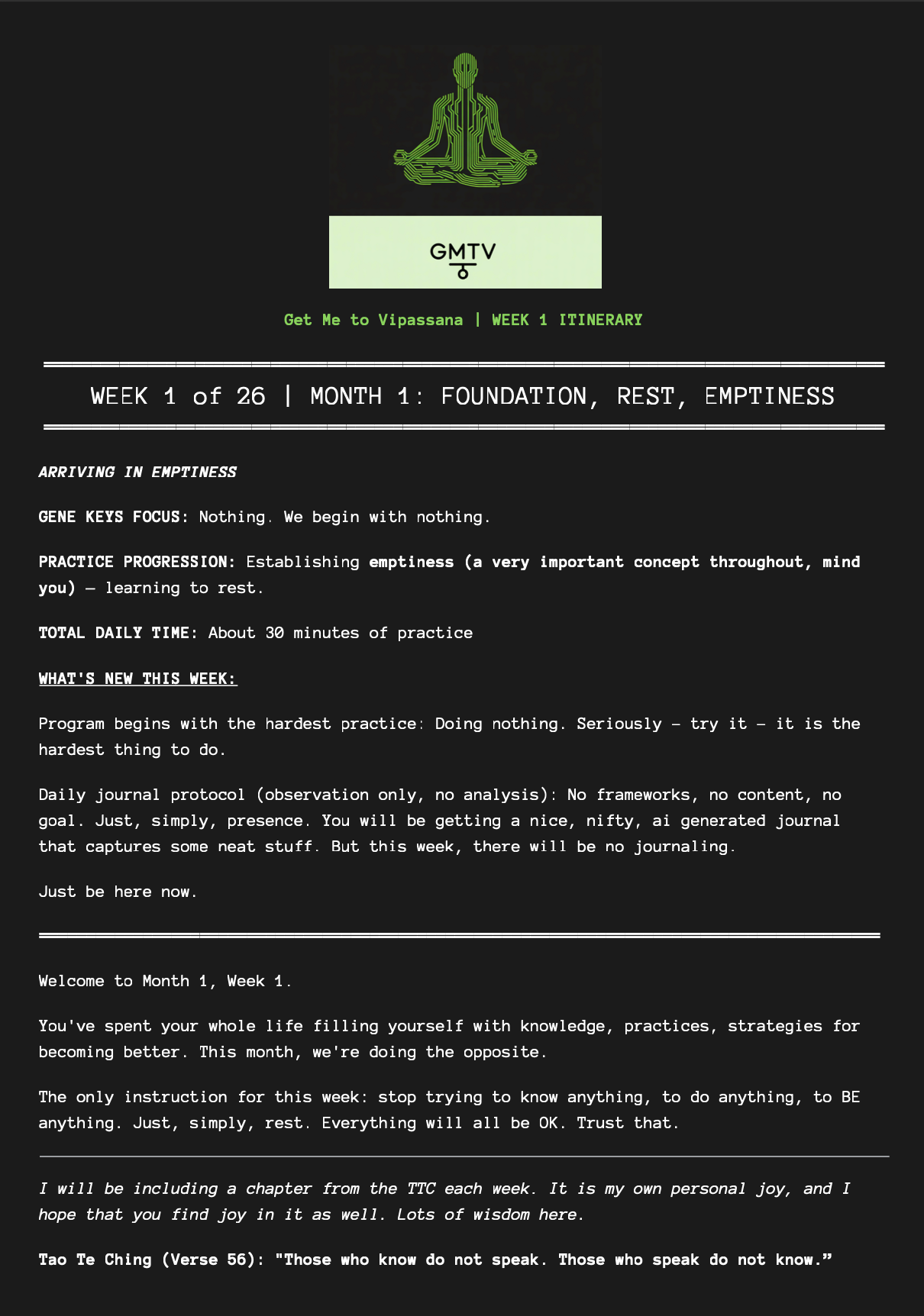 Digital meditation and wellness guide titled 'Get Me to Vipassana, Week 1 Itinerary,' with a stylized figure in a meditative pose above the title, and text outlining a 26-week program focused on starting with nothing, practicing emptiness, and resting, emphasizing doing nothing and observing without analysis.