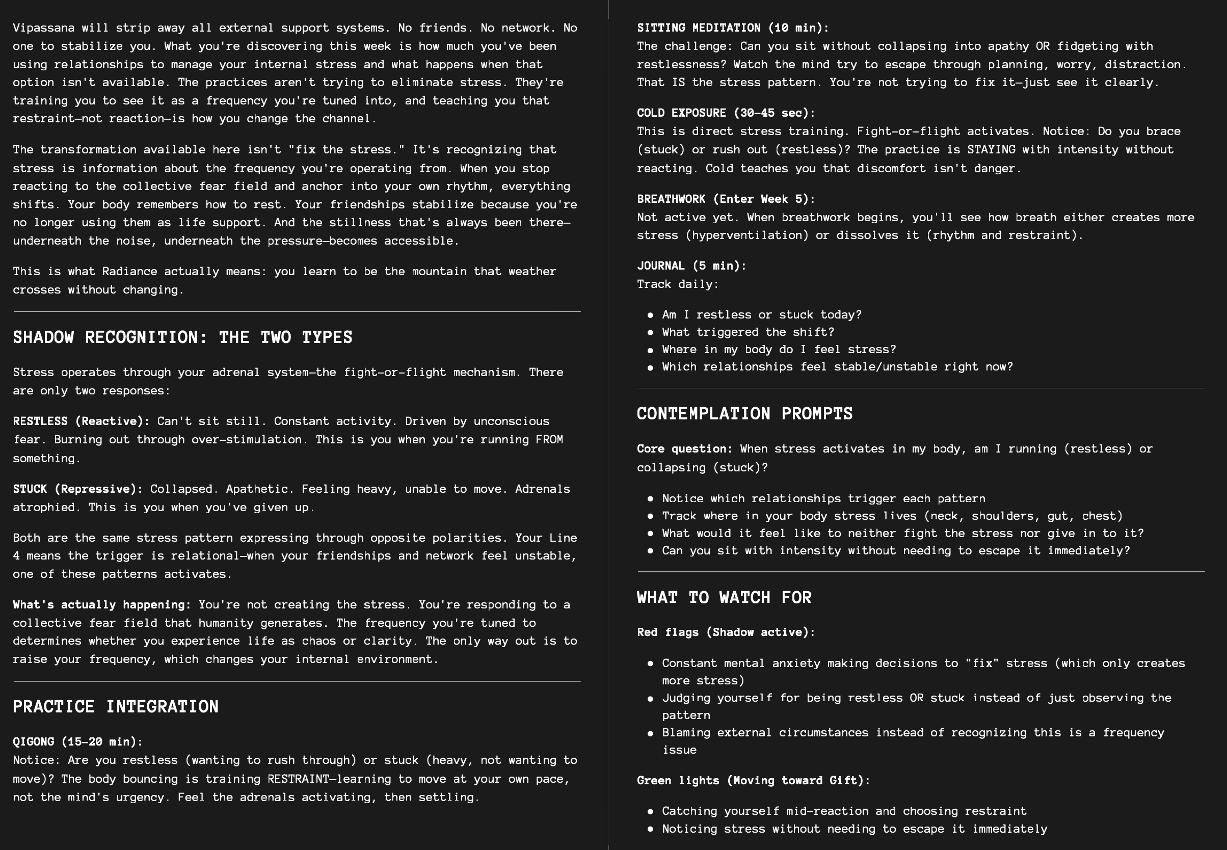 A digital text document with calming and stress management techniques, including sections on shadow recognition, meditation, cold exposure, breathwork, journaling, and cues for stress awareness and self-care.