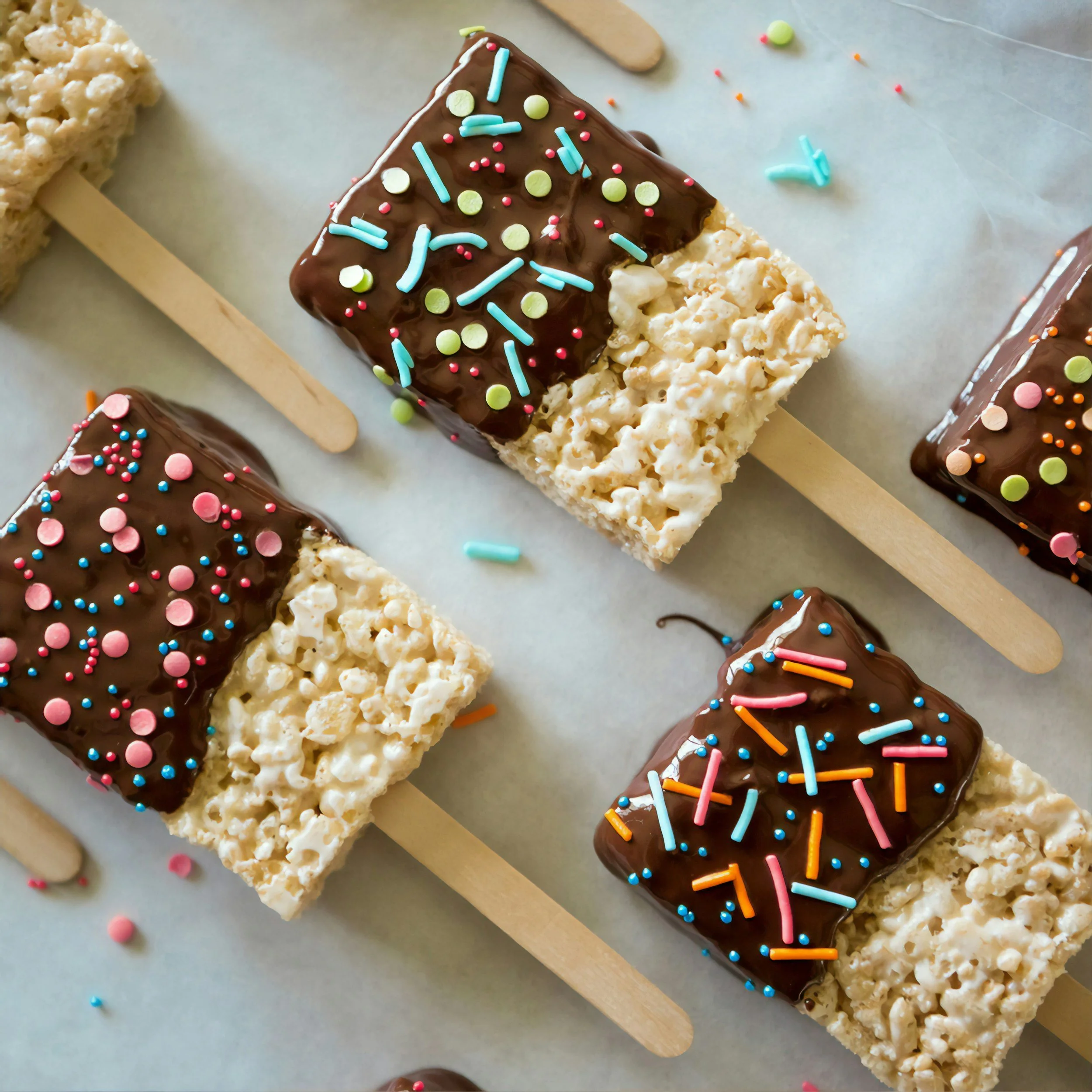 Three rice crispy treats on wooden sticks, dipped in chocolate and topped with colorful sprinkles.