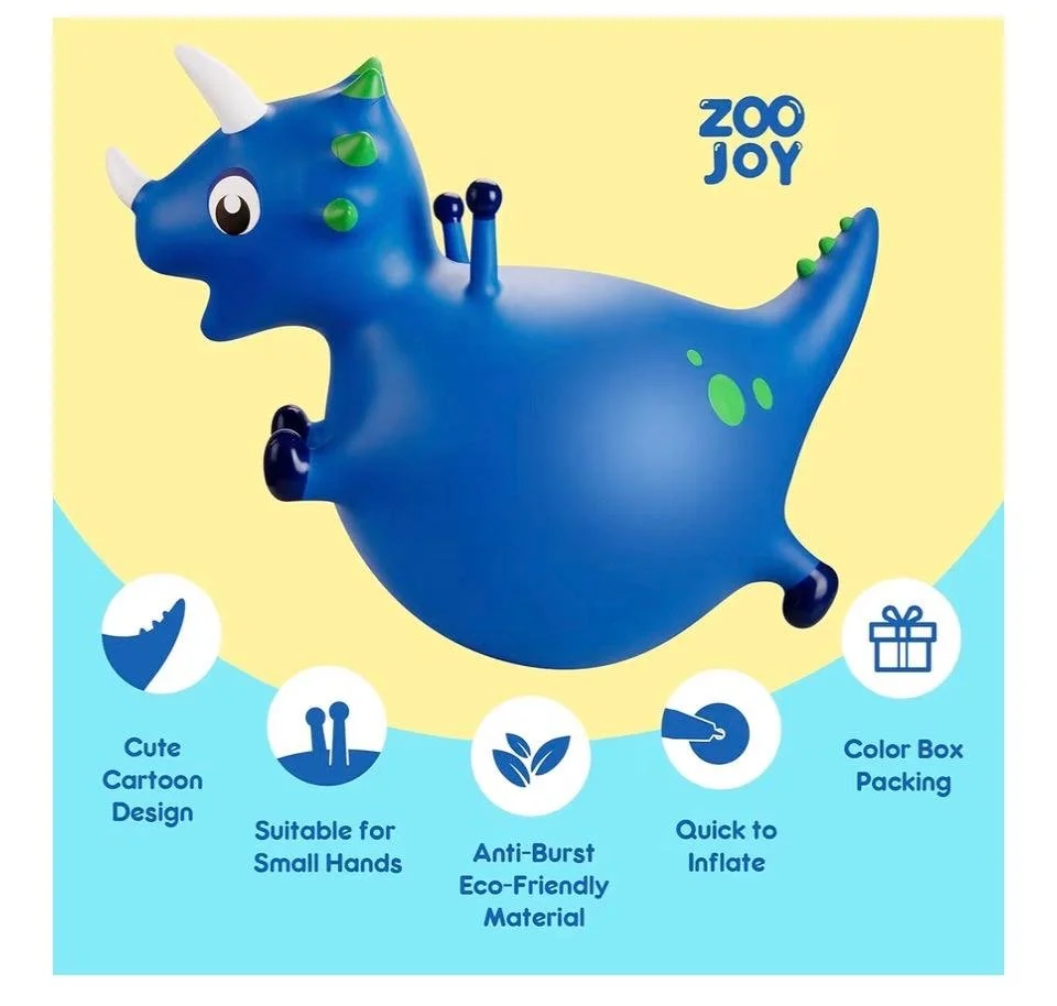 Blue inflatable dinosaur toy with green accents and a white horn, designed for children, featuring a cartoon style, suitable for small hands, made from eco-friendly anti-burst material, quick to inflate, and packaged in a color box.