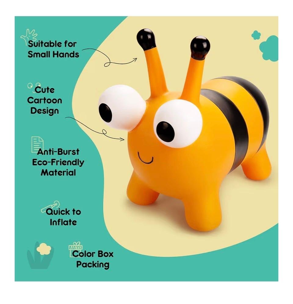 A photo of a bee-shaped inflatable toy with cartoonish eyes, black and yellow striped body, and protruding antennae, featuring labels highlighting its suitability for small hands, cute cartoon design, eco-friendly material, quick inflation, and color box packing.