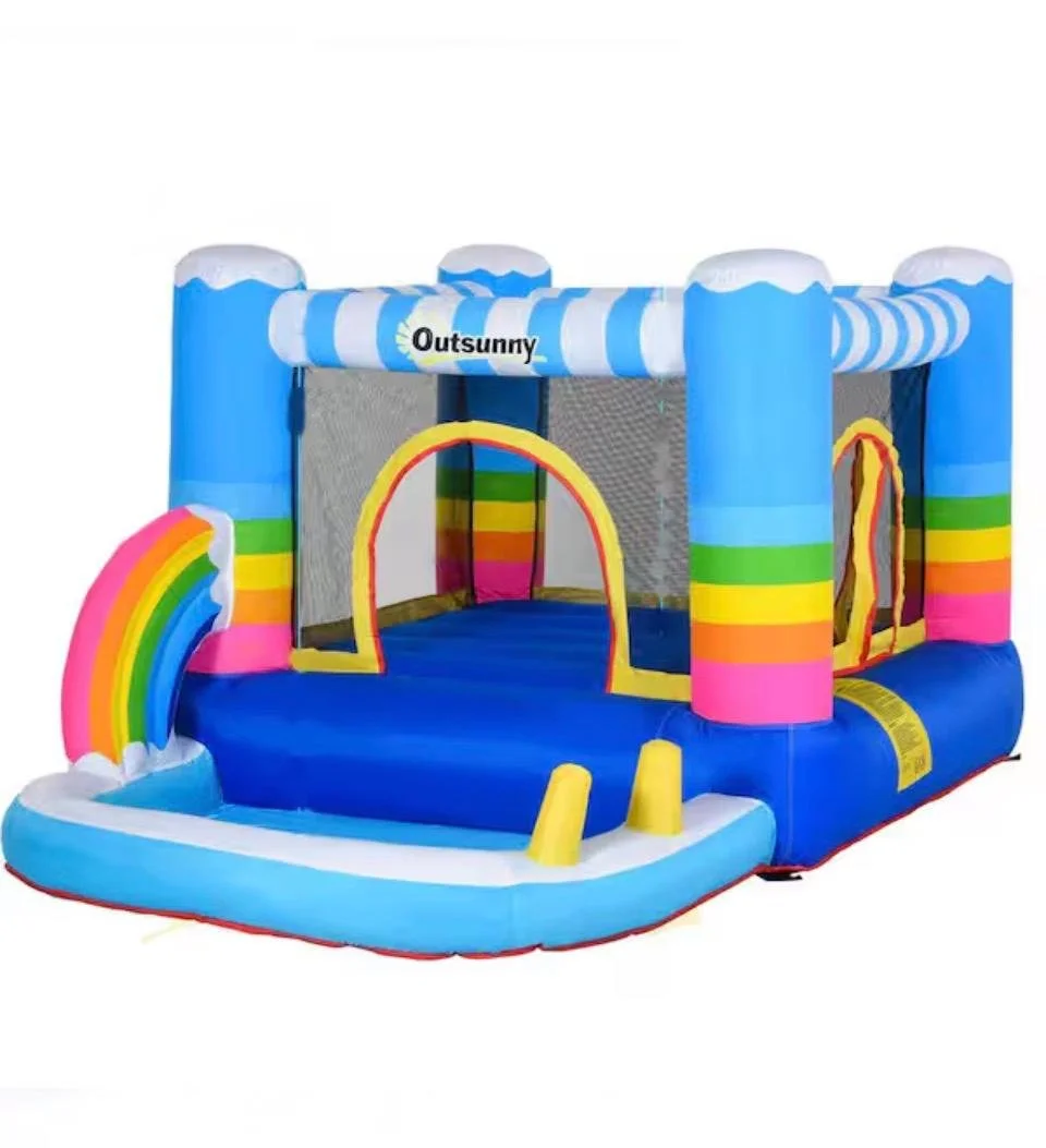 Colorful inflatable bounce house with rainbow design and mesh sides.