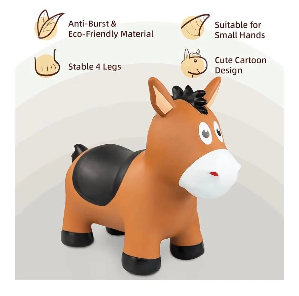 A cute, cartoon-style toy horse with a brown body, black mane and tail, four stable legs, and a white face with big, expressive eyes. The toy is made of eco-friendly, anti-burst material and is suitable for small hands.