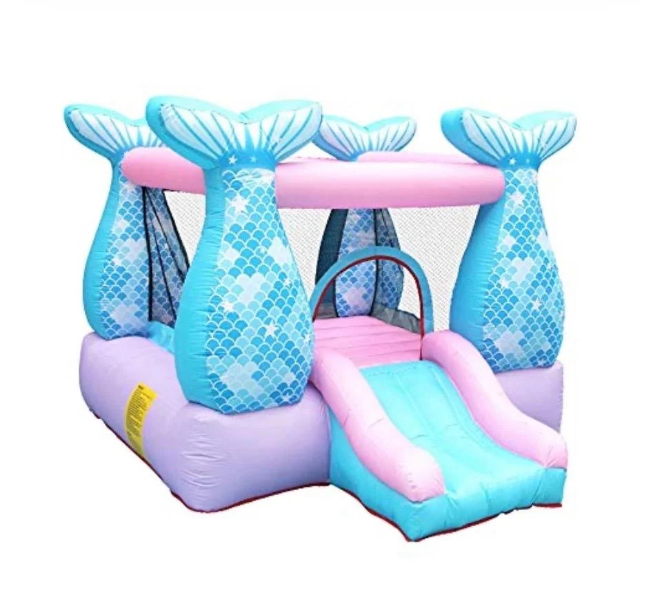 Inflatable bounce house with mermaid tail design, pink and blue colors, and slide for kids.