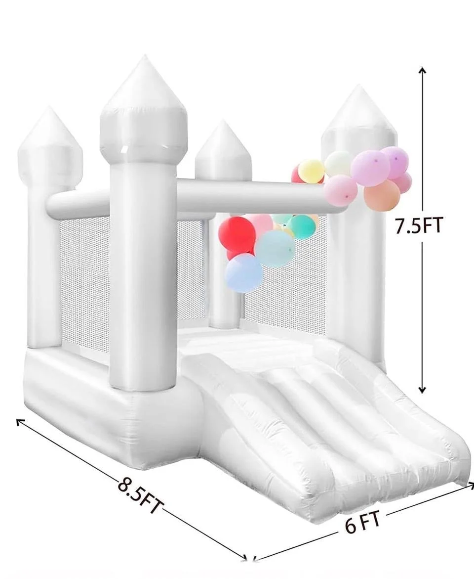 Inflatable bounce house with white castle tower design, colorful balloons, and measurements 8.5 feet by 6 feet by 7.5 feet.